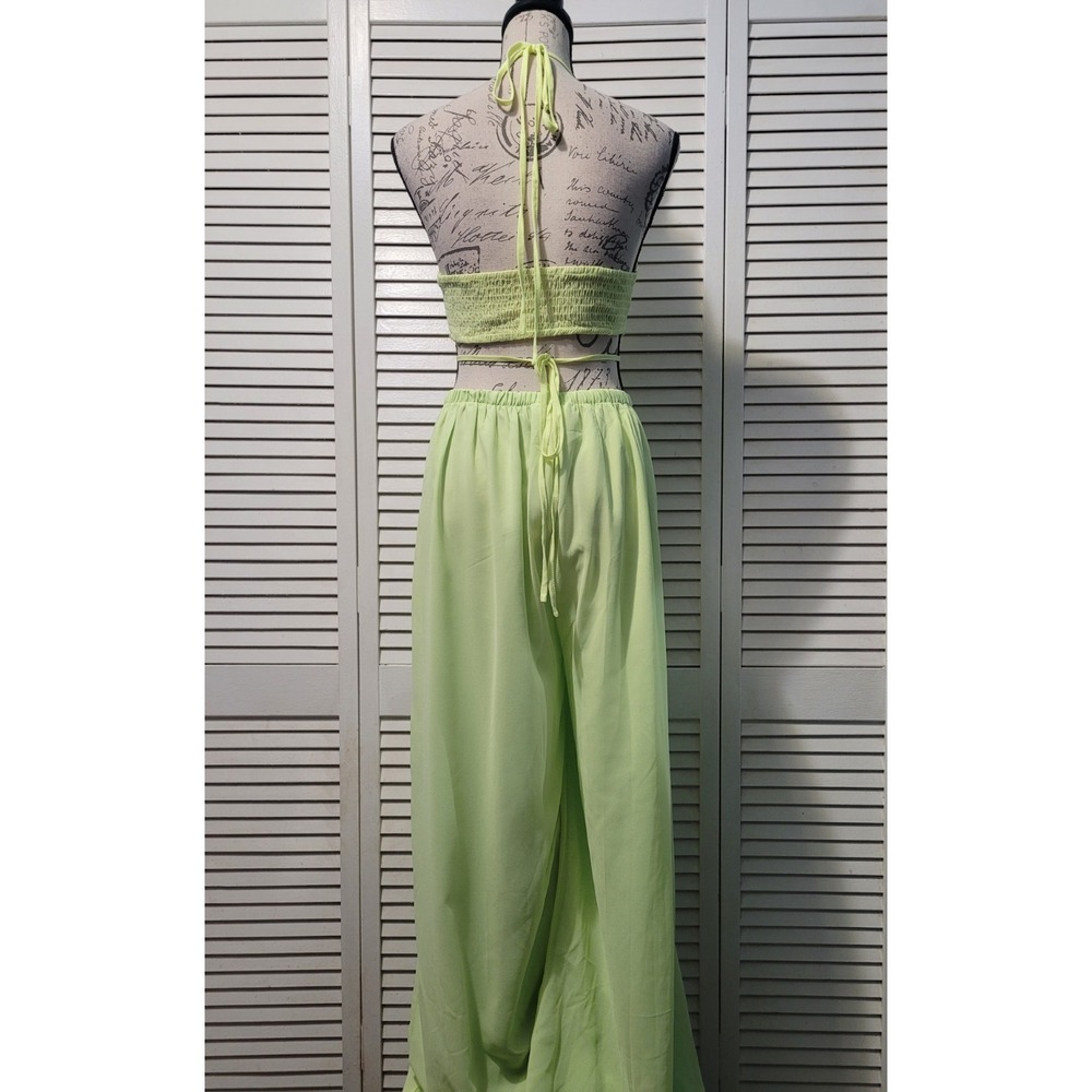 Fashion Nova Beach Views Chiffon Jumpsuit Women's Size XL Lime Halter Wide Leg - Picture 5 of 14